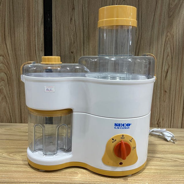 Discover the Seco 3-in-1 Juicer Blender & Grinder SG-198P, designed for efficient food preparation. Enjoy the convenience of pressing juices, blending fruits and vegetables, and grinding ingredients with a durable stainless steel spinner and continuous flow design. Perfect for healthy living!