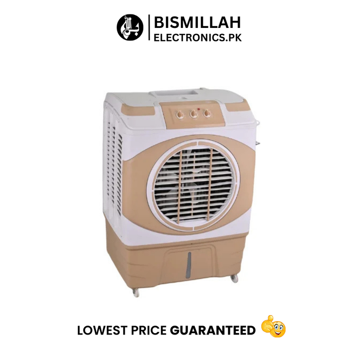 The BinBazz 7700 Room Air Cooler is designed for efficient cooling with low power consumption and a heavy-duty motor. Featuring imported water pumps, honeycomb pads for optimal air circulation, and an ice box for enhanced cooling, this cooler is perfect for hot climates. It operates on 220-240V, providing reliable and energy-efficient performance.