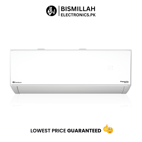 A sleek, modern Dawlance Elegance Pro 1.5 Ton Inverter AC mounted on a clean wall in a minimalist living room. The room is bright and airy, with sunlight filtering in through large windows. The AC's digital display glows softly, indicating energy-efficient operation. A subtle breeze ruffles a nearby curtain, emphasizing the cooling effect. The camera slowly pans to show the quiet comfort it brings to the space.