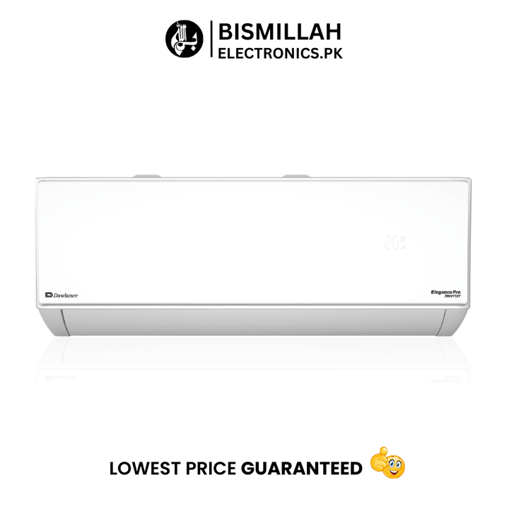 A sleek, modern Dawlance Elegance Pro 1.5 Ton Inverter AC mounted on a clean wall in a minimalist living room. The room is bright and airy, with sunlight filtering in through large windows. The AC's digital display glows softly, indicating energy-efficient operation. A subtle breeze ruffles a nearby curtain, emphasizing the cooling effect. The camera slowly pans to show the quiet comfort it brings to the space.