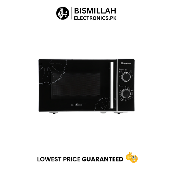 Dawlance MD-7 is a 20-liter solo microwave oven designed for basic heating and defrosting. It has a black finish with a mechanical rotary control panel, also in black. This freestanding unit has a rated power output of 700 watts
