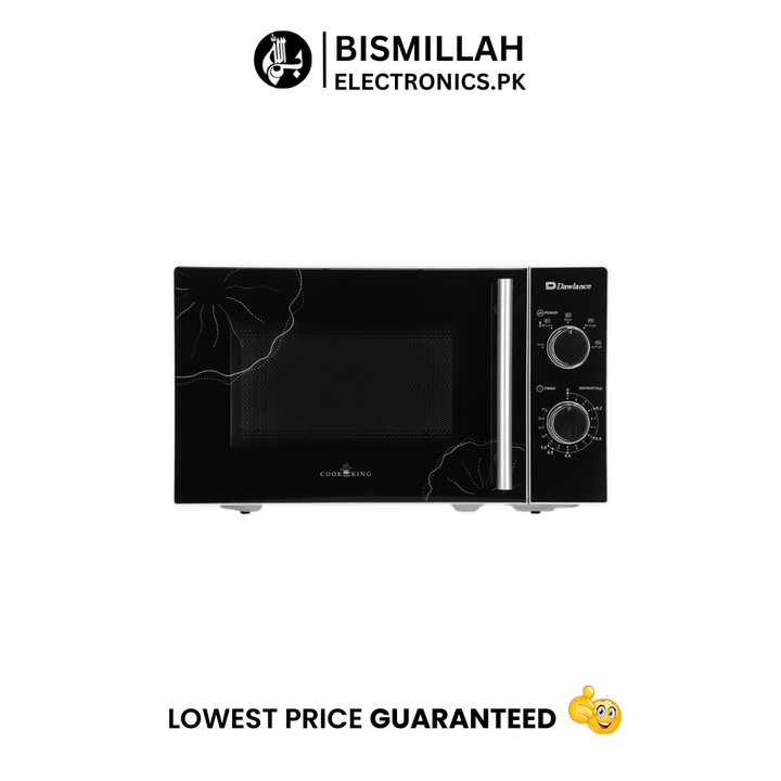 Dawlance MD-7 is a 20-liter solo microwave oven designed for basic heating and defrosting. It has a black finish with a mechanical rotary control panel, also in black. This freestanding unit has a rated power output of 700 watts
