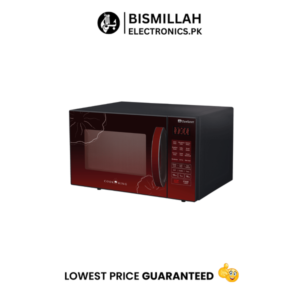 The Dawlance Microwave Oven DW-115 CHZ is a 25-liter convection microwave designed for versatile cooking needs. It offers three functions—microwave, grill, and convection—making it ideal for baking, roasting, and reheating. With a sleek black and red floral design, it adds style to any modern kitchen. 