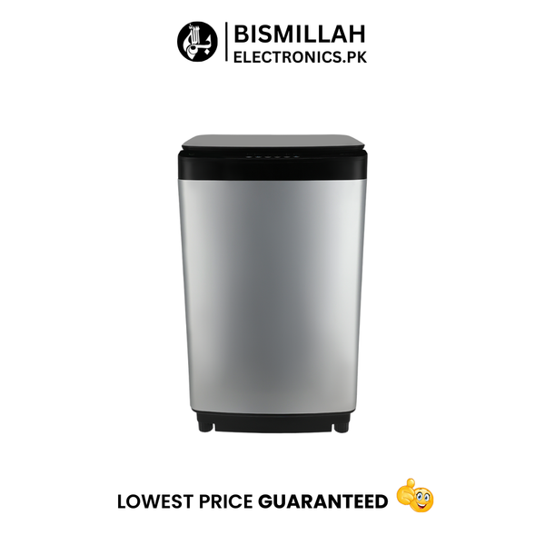 Dawlance 1471 FLP Fully Automatic Top Load Washing Machine in sleek silver finish with a 12 kg capacity, featuring a diamond drum pattern, energy-efficient induction motor, and a stylish black transparent lid — ideal for large households and modern laundry needs.