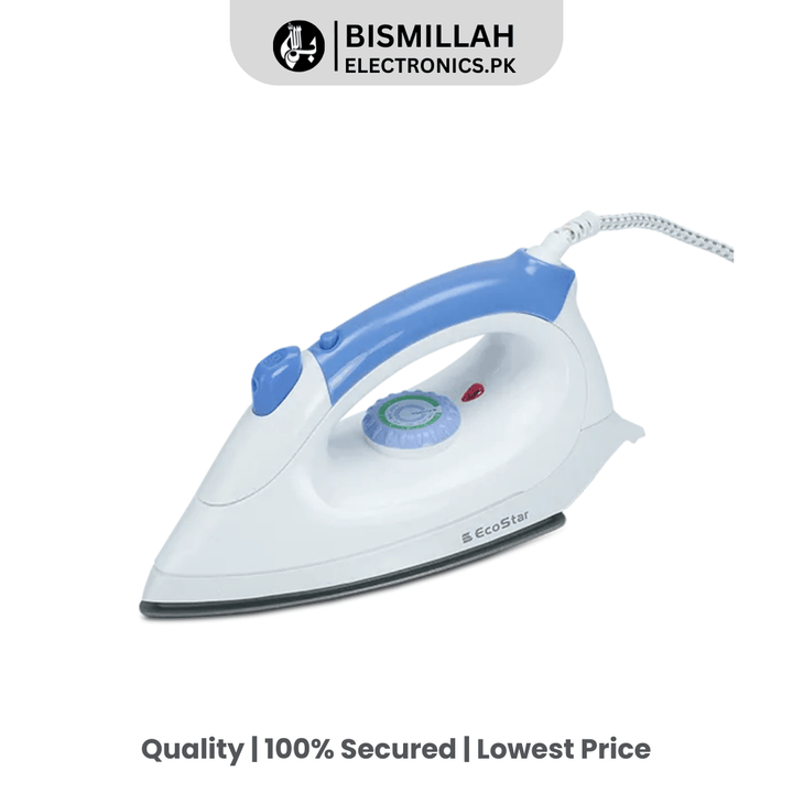 Discover the EcoStar Dry Iron EH-DI110-P with 1000W – 1200W power, quick heating, and a non-stick soleplate. Features temperature control, spray function, and full-length button grooves for easy ironing. Available in blue and purple!