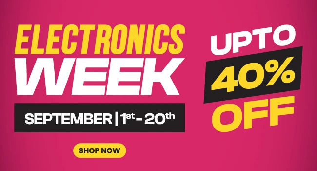 Promotional sale graphic for Electronics Week with large yellow and white text reading 'ELECTRONICS WEEK' and 'UP TO 40% OFF', plus 'SEPTEMBER | 1st - 20th' and a yellow 'SHOP NOW' button on a bright pink background.