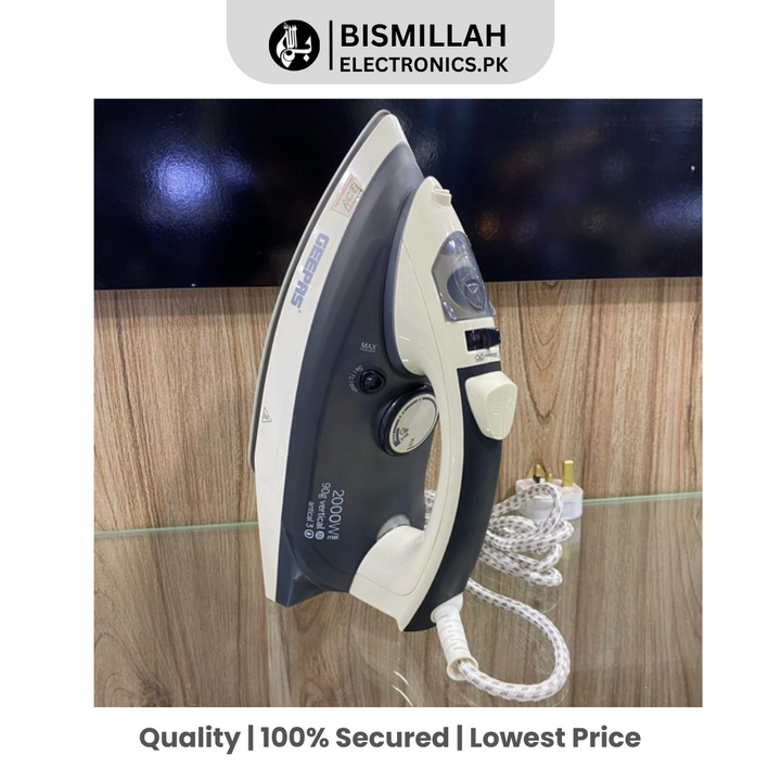 Discover the Geepas Ceramic Steam Iron GSI7788, featuring wet & dry ironing, steam and burst functions, and a ceramic sole plate. Enjoy vertical steam capability and a self-clean function for efficient wrinkle removal and easy maintenance.