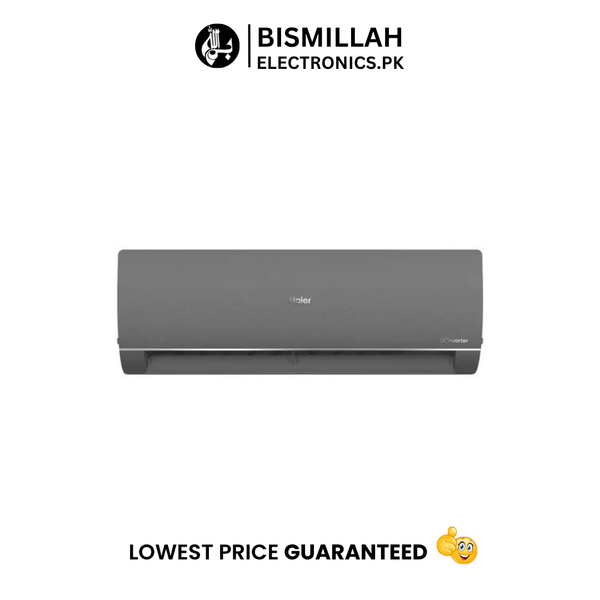 Indoor wall‑mounted unit of Haier HSU‑14HFTEX (DG) T3 1‑Ton DC Inverter split air conditioner in dark grey, sleek rectangular design with central Haier logo and hidden indoor air vents at the bottom edge.