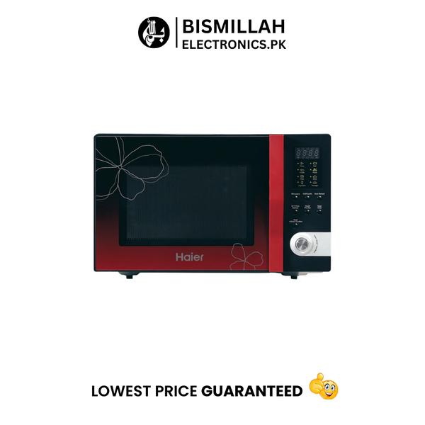 The Haier Microwave Oven HMN-32100-EGB is a versatile 32-liter appliance designed to meet various cooking needs. It features a sleek black and red floral design, adding a touch of elegance to any kitchen.