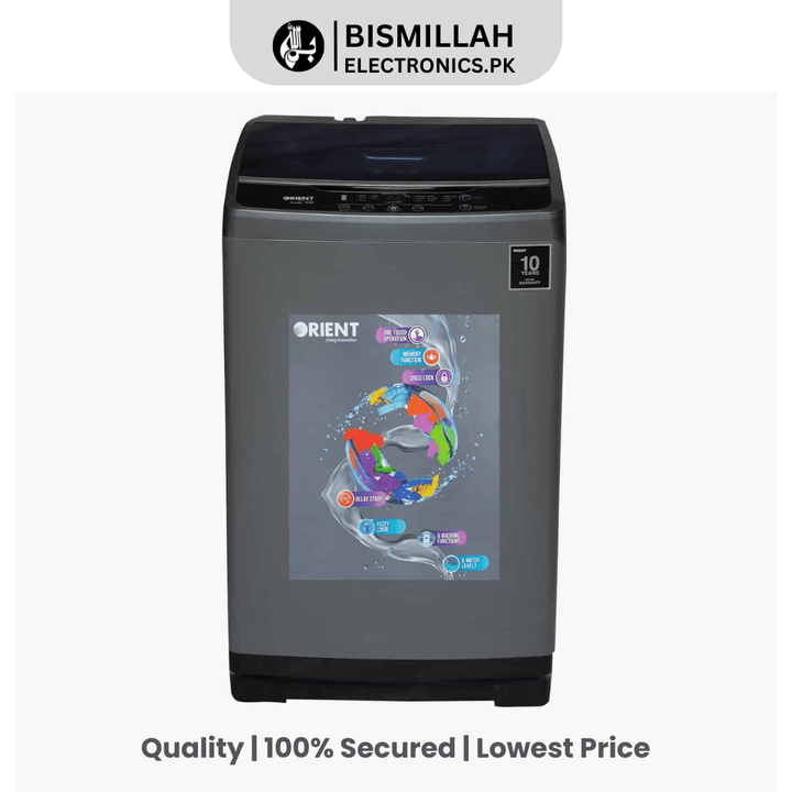 Upgrade your laundry routine with the Orient Washing Machine 1150. Featuring one-touch operation, G-Flex technology, and a 10 kg capacity, this fully automatic washer offers 6 washing functions, 8 water levels, and smart lint filters for efficient, hassle-free cleaning. Your ultimate laundry companion!