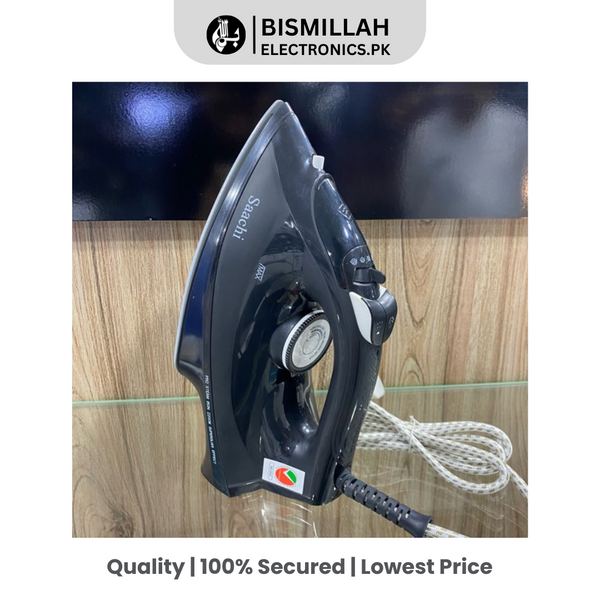 Experience efficient ironing with the Saachi Steam Iron NL-IR-392C, featuring a ceramic soleplate, 300ml water tank, and variable steam control. Enjoy overheat protection, a flexible 360-degree swivel cord, and a powerful burst function for effective wrinkle removal.